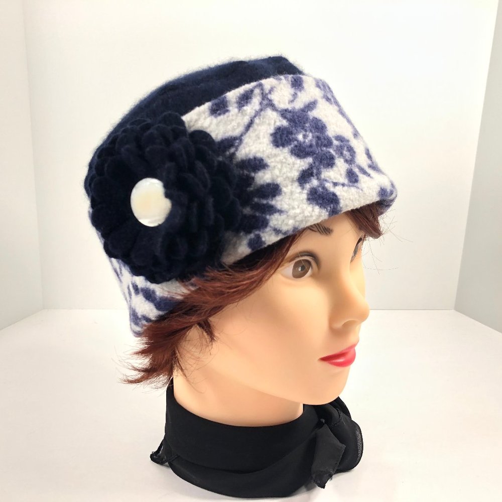 Navy Floral Cashmere Sweater Hat & Flower Pin - Picture 1 of 9